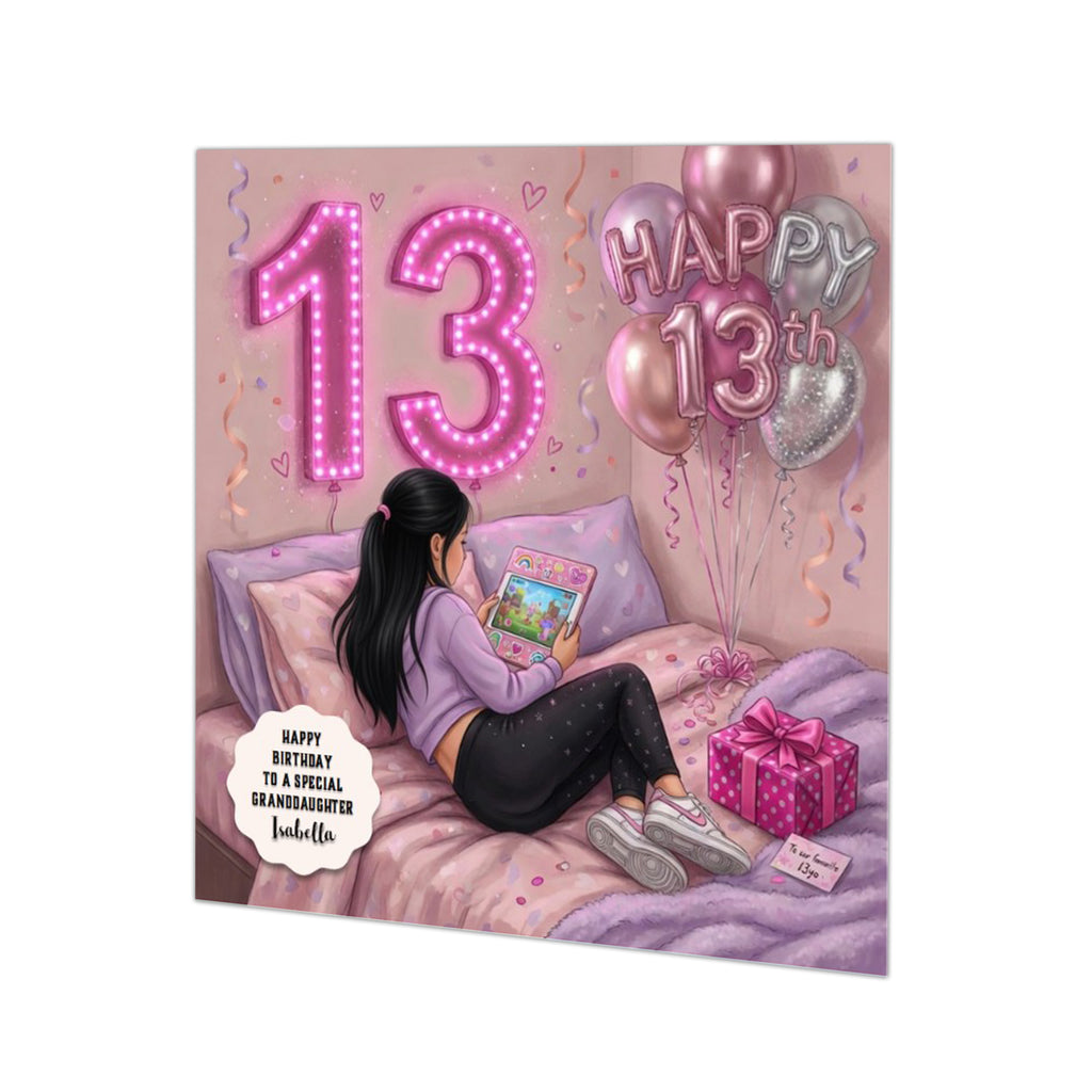 Personalised 13th Birthday Card - Girl Using a Tablet - Black Hair