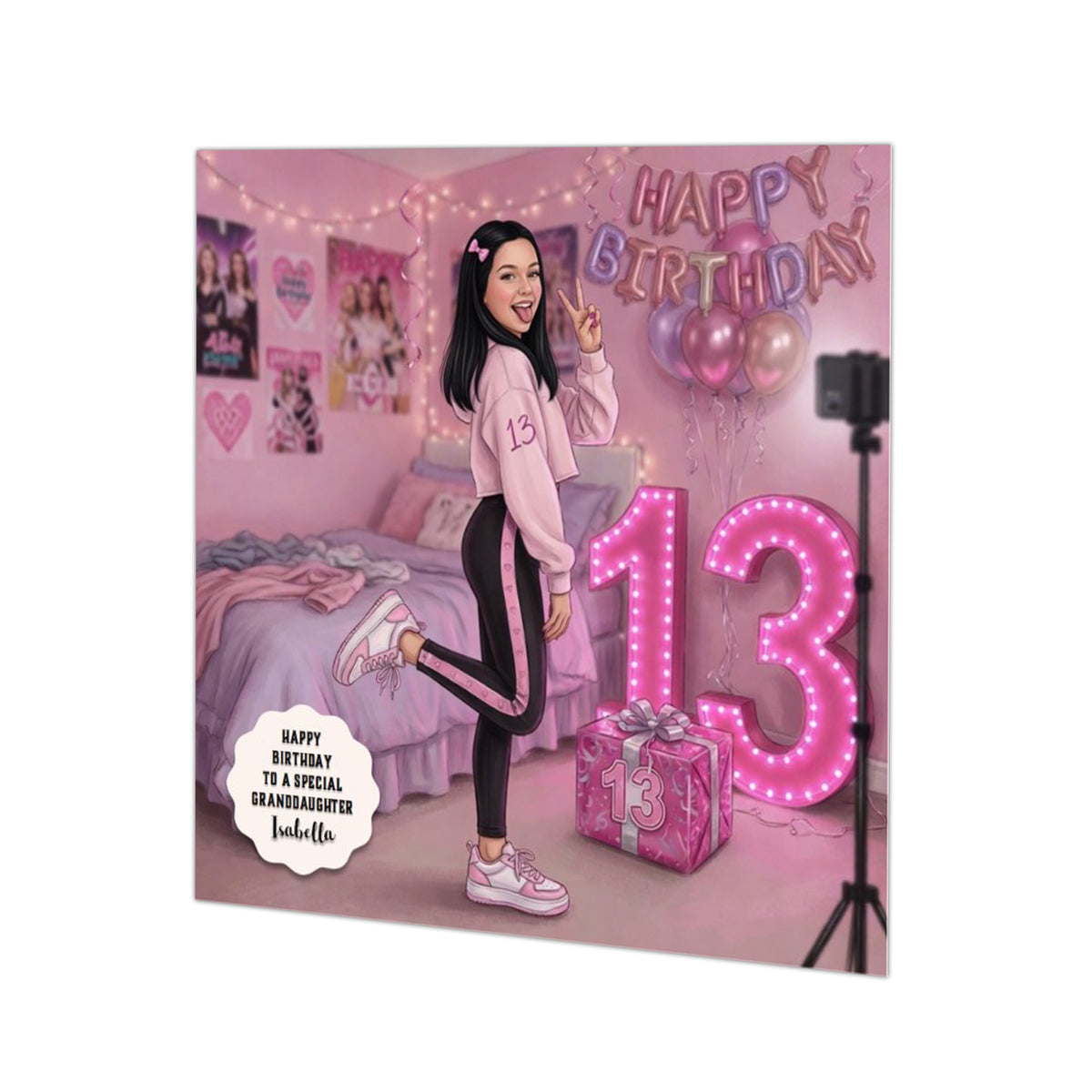 Personalised 13th Birthday Card - Girl Making a Video - Black Hair