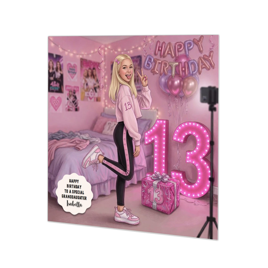 Personalised 13th Birthday Card - Girl Making a Video - Blonde Hair