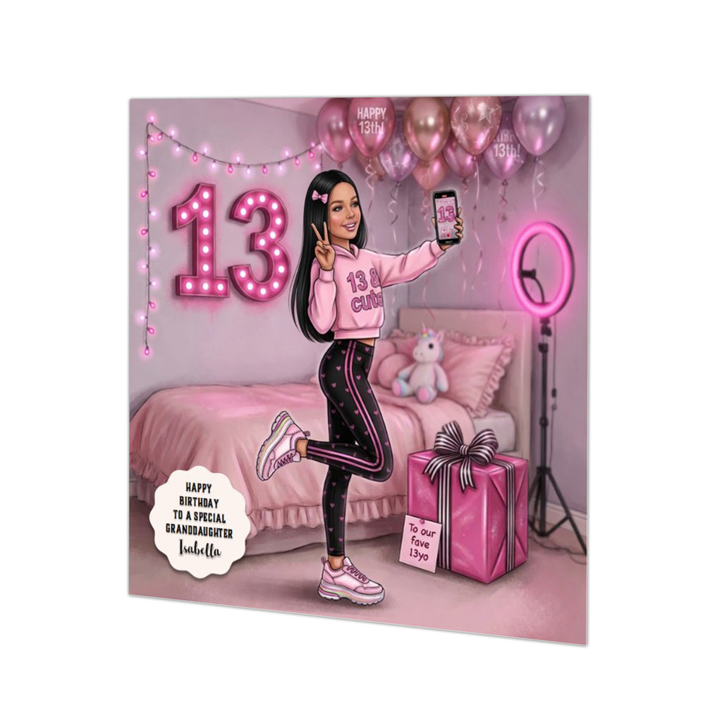 Personalised 13th Birthday Card - Black-Haired Girl Taking a Selfie - Square