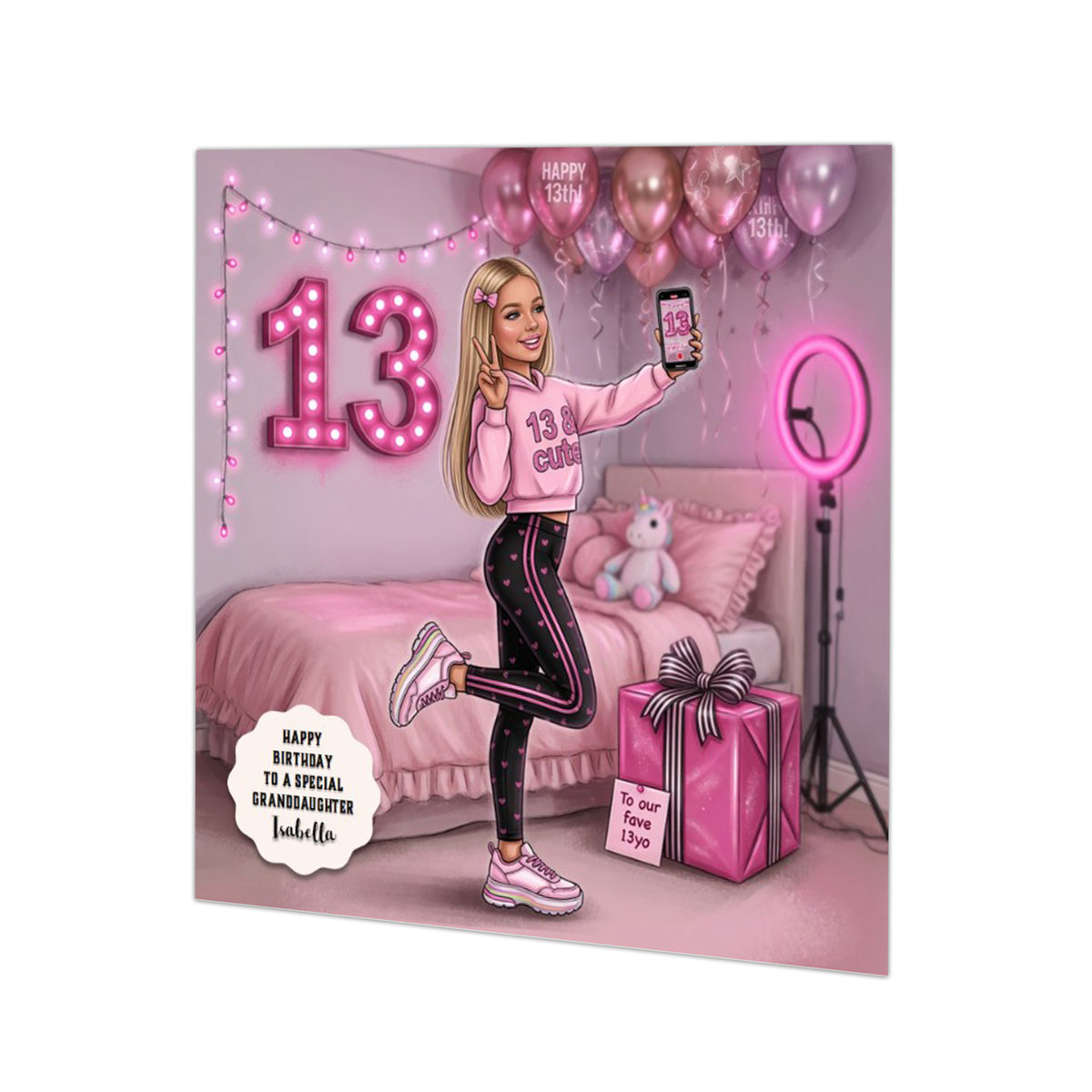 Personalised 13th Birthday Card - Girl Making a Video - Blonde Hair