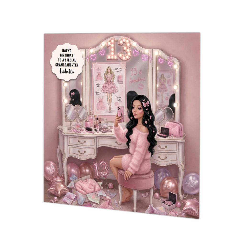 Personalised 13th Birthday Card - Girl at a Dressing Table - Black Hair