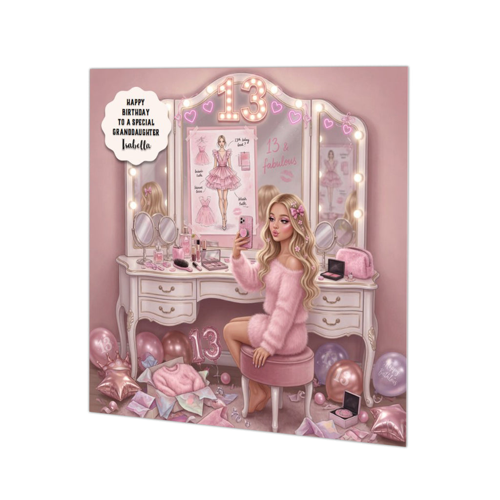 Personalised 13th Birthday Card - Girl at a Dressing Table - Blonde Hair