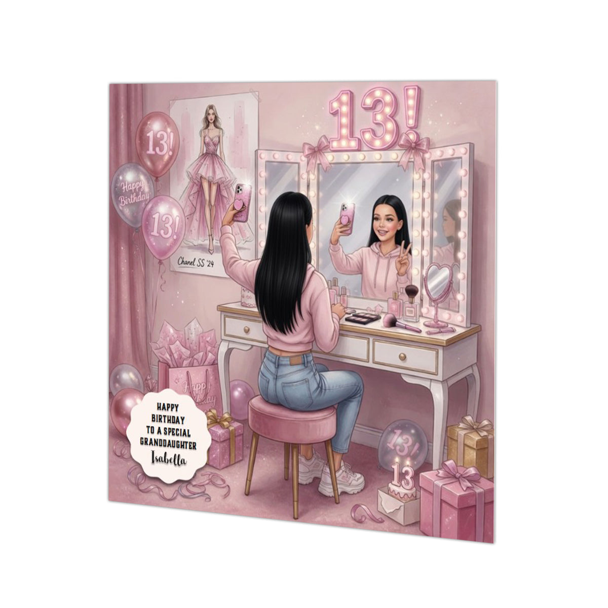 Personalised 13th Birthday Card - Girl at a Dressing Table - Black Hair