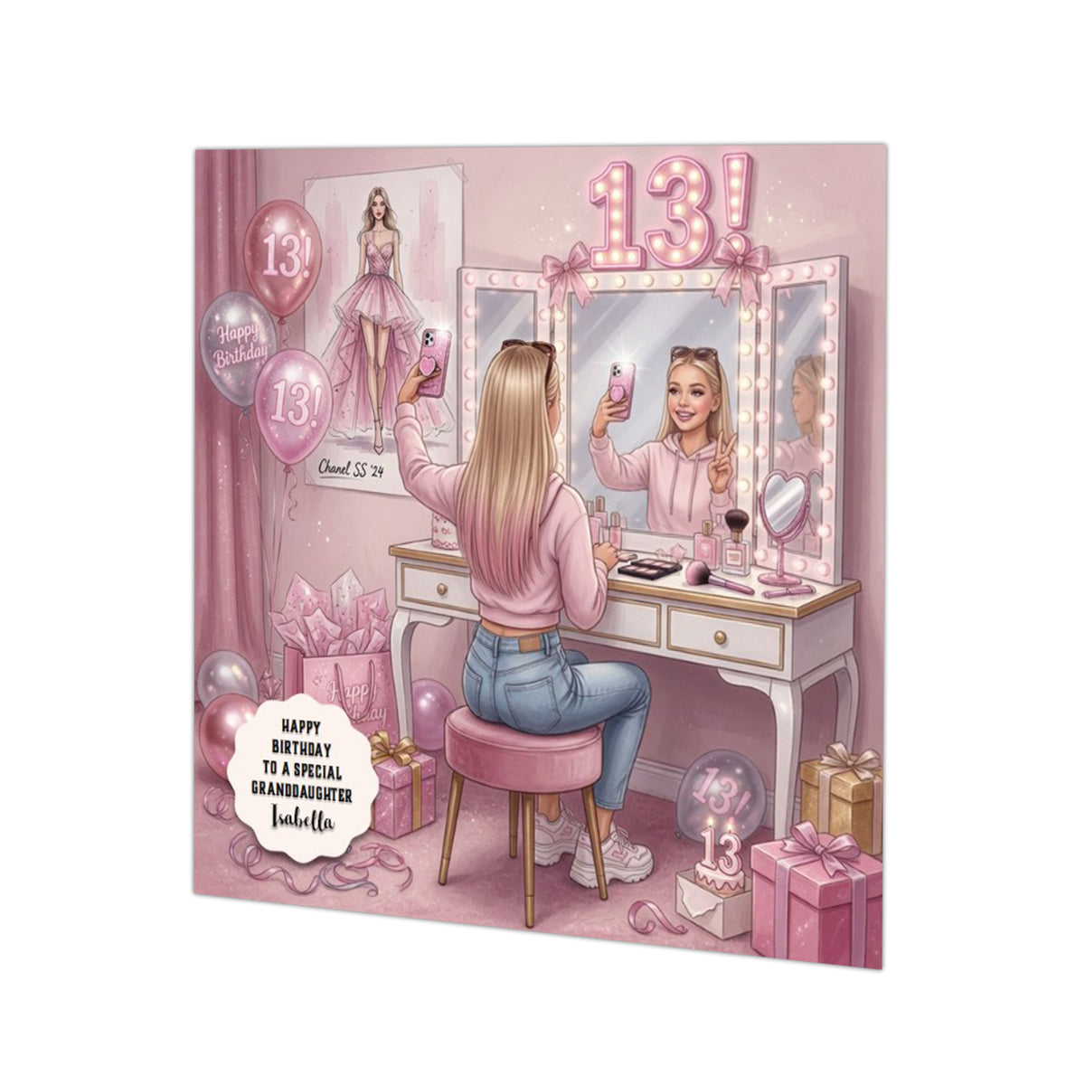 Personalised 13th Birthday Card - Girl at a Dressing Table - Blonde Hair