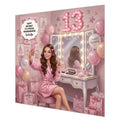 Personalised 13th Birthday Card - Girl at a Dressing Table - Brown Hair