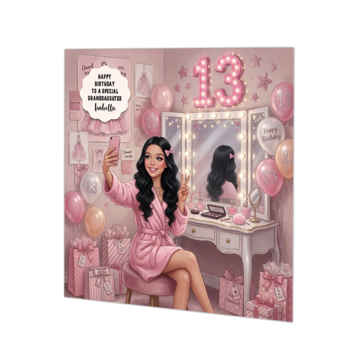 Personalised 13th Birthday Card - Girl Taking a Selfie at a Dressing Table - Black Hair
