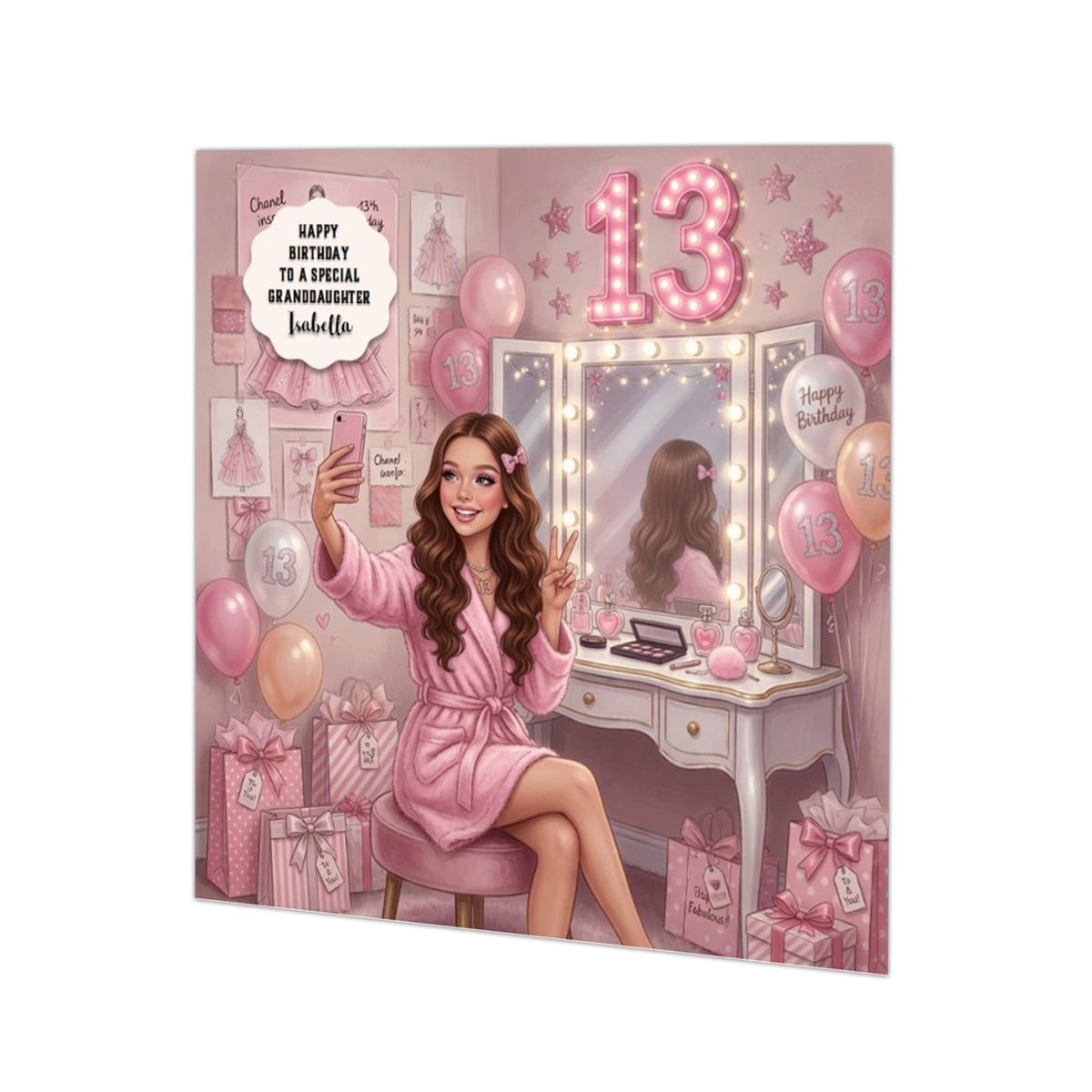 Personalised 13th Birthday Card - Girl Taking a Selfie at a Dressing Table - Brown Hair