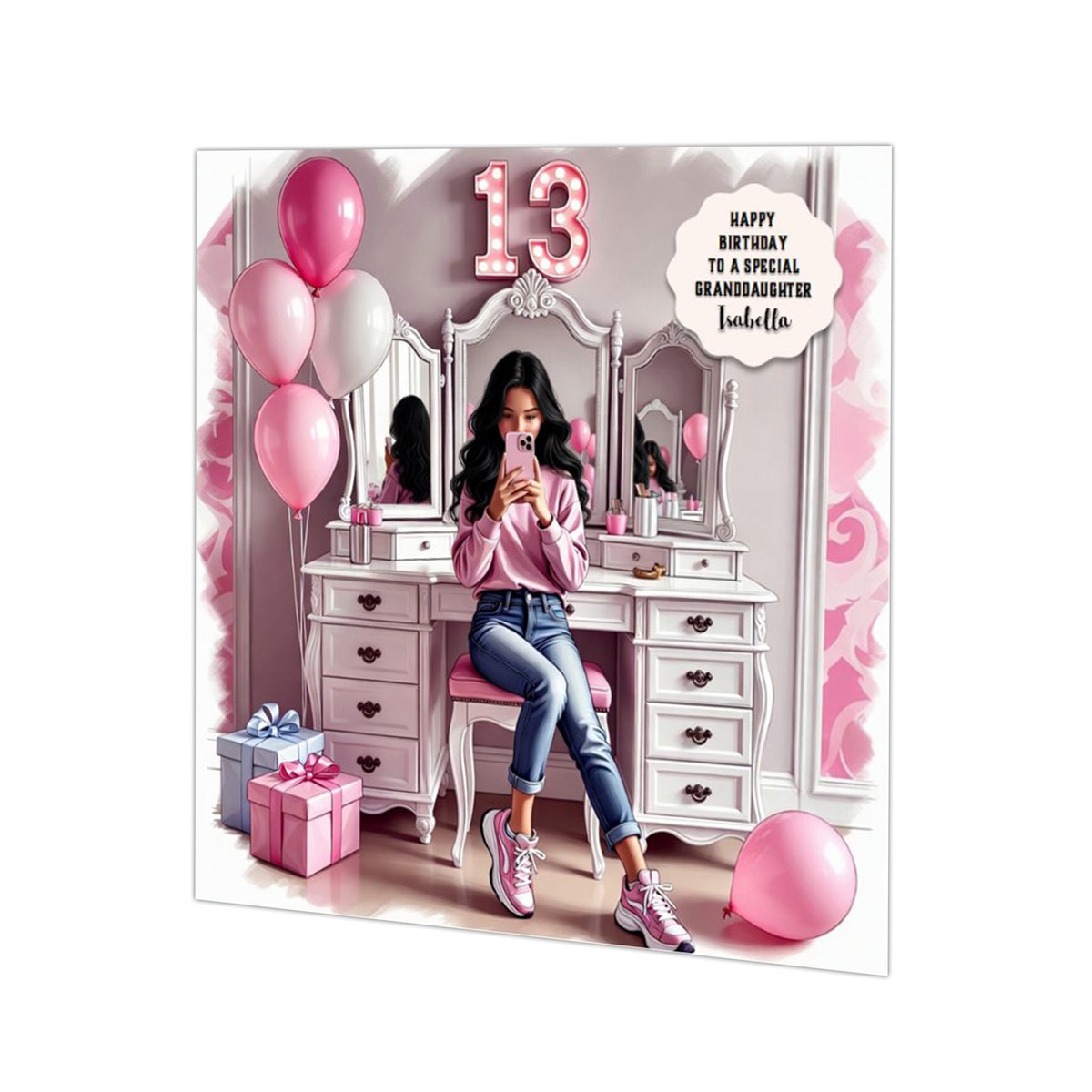 Personalised 13th Birthday Card - Girl Taking a Selfie - Black Hair