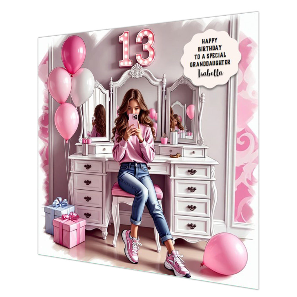 Personalised 13th Birthday Card - Girl at a Dressing Table - Brown Hair