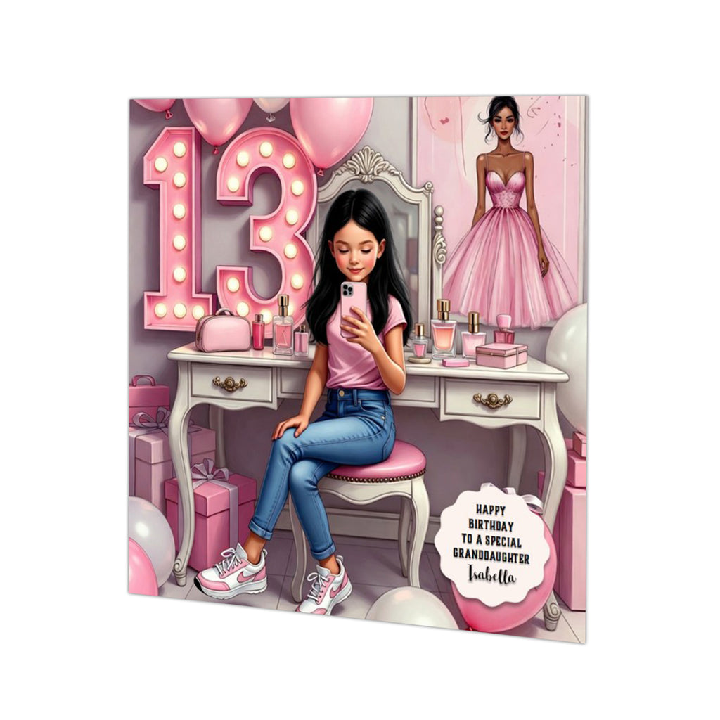 Personalised 13th Birthday Card - Girl at a Dressing Table - Black Hair