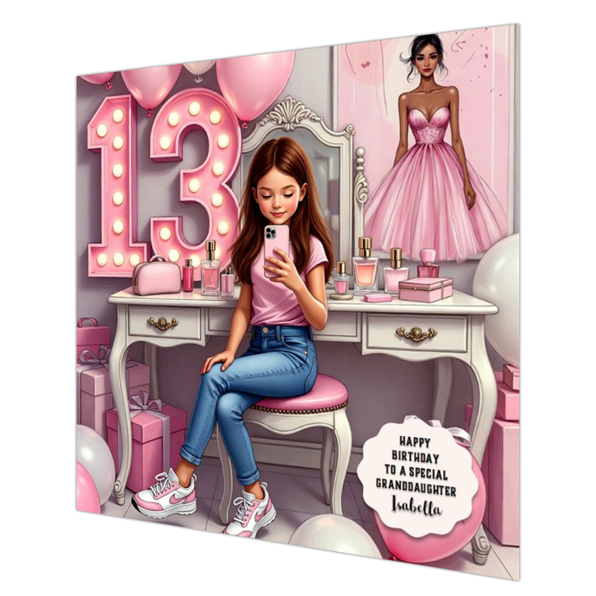 Personalised 13th Birthday Card - Girl at a Dressing Table - Brown Hair