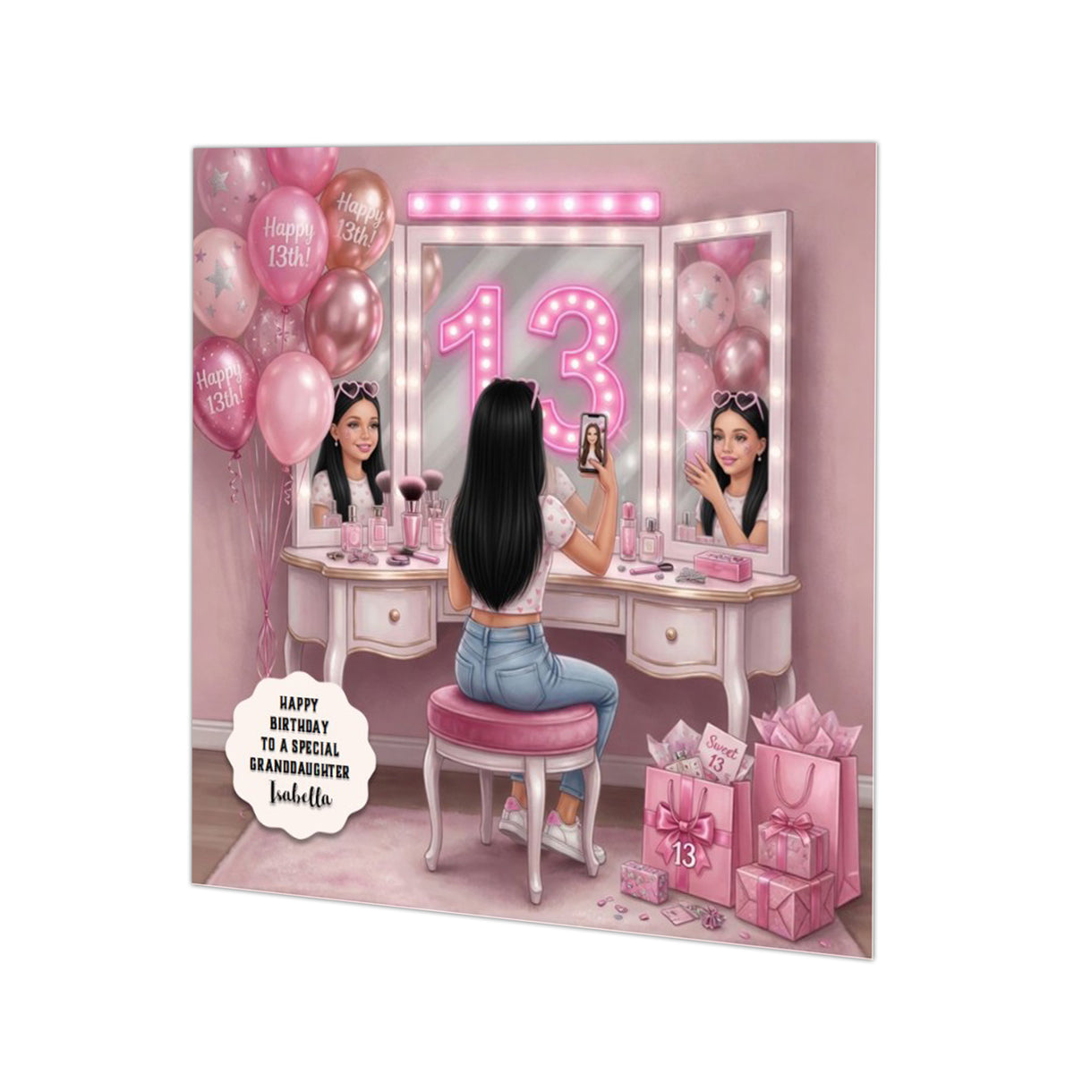 Personalised 13th Birthday Card - Girl at a Dressing Table - Black Hair
