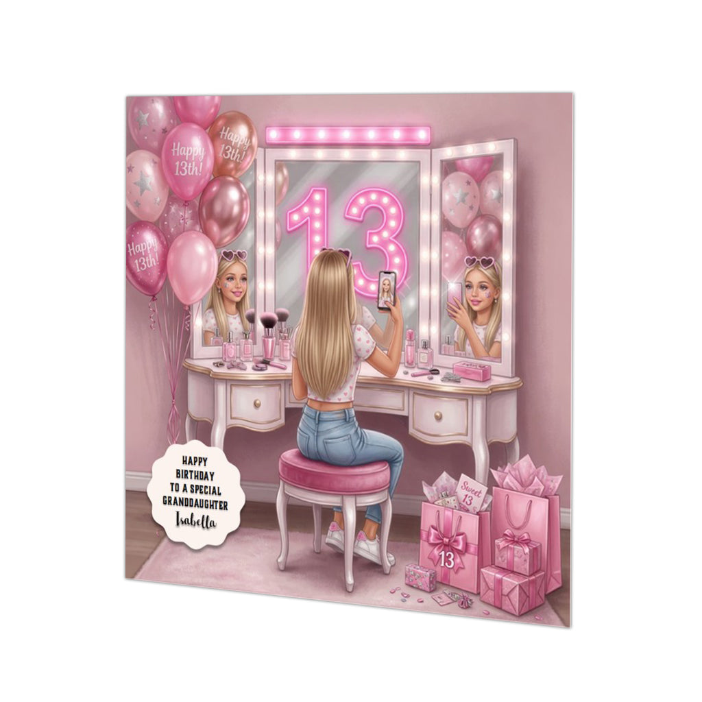Personalised 13th Birthday Card - Girl at a Dressing Table - Blonde Hair