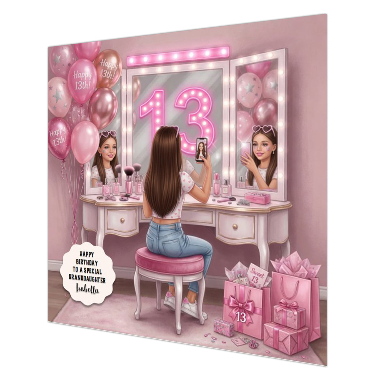 Personalised 13th Birthday Card - Girl at a Dressing Table - Brown Hair