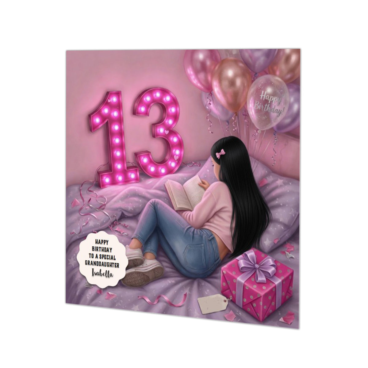 Personalised 13th Birthday Card - Girl Reading on a Bed - Black Hair