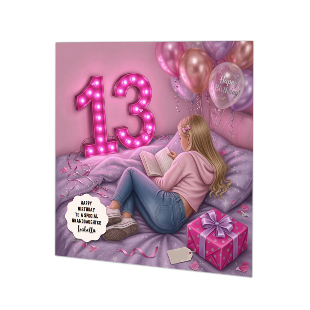 Personalised 13th Birthday Card - Girl Reading on a Bed - Blonde Hair