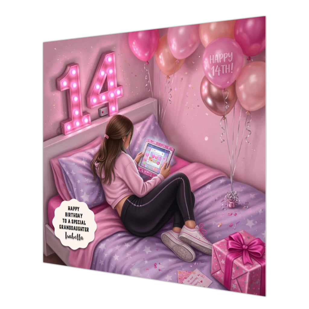 Personalised 14th Birthday Card - Girl Using a Tablet on a Bed - Brown Hair