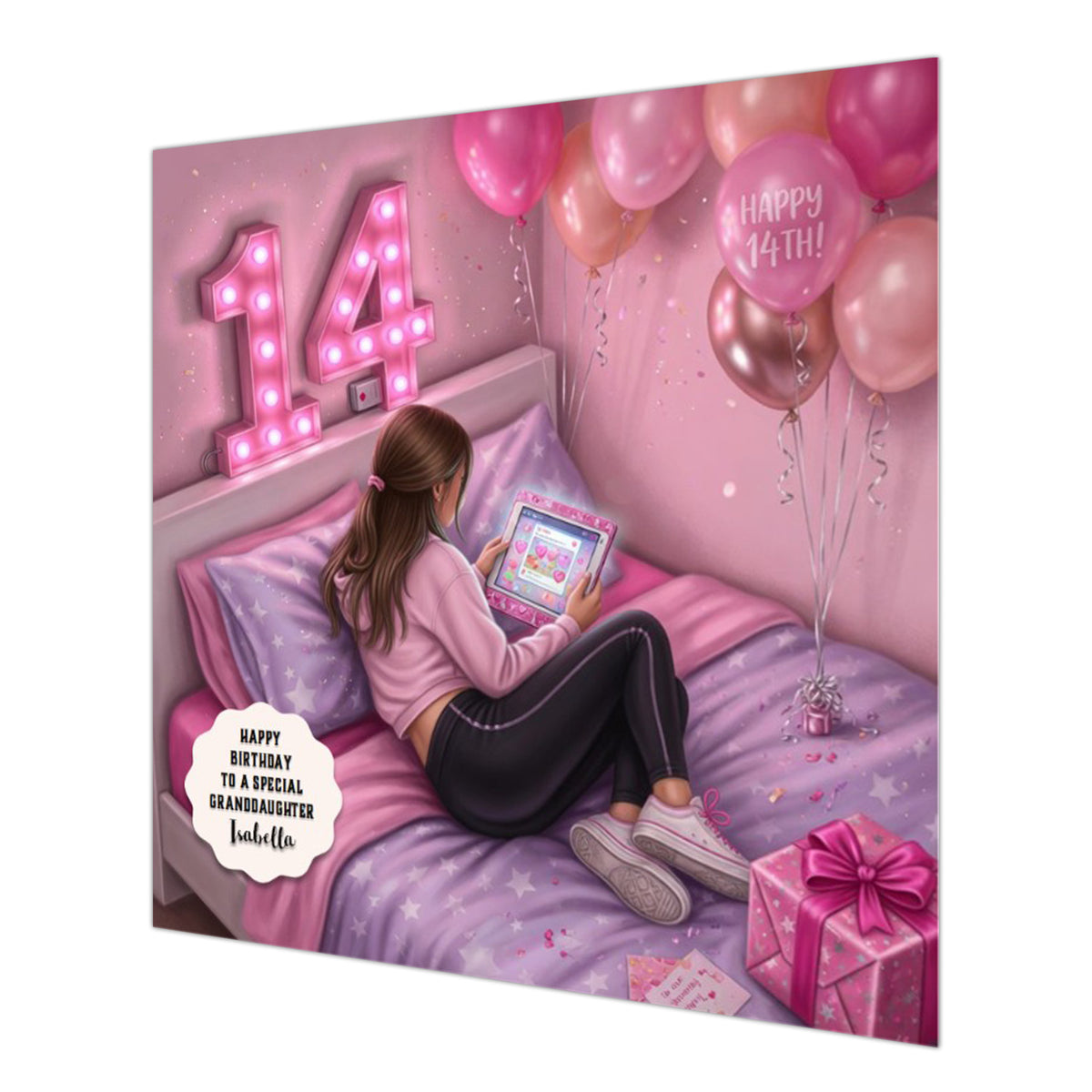 Personalised 14th Birthday Card - Girl Using a Tablet on a Bed - Brown Hair