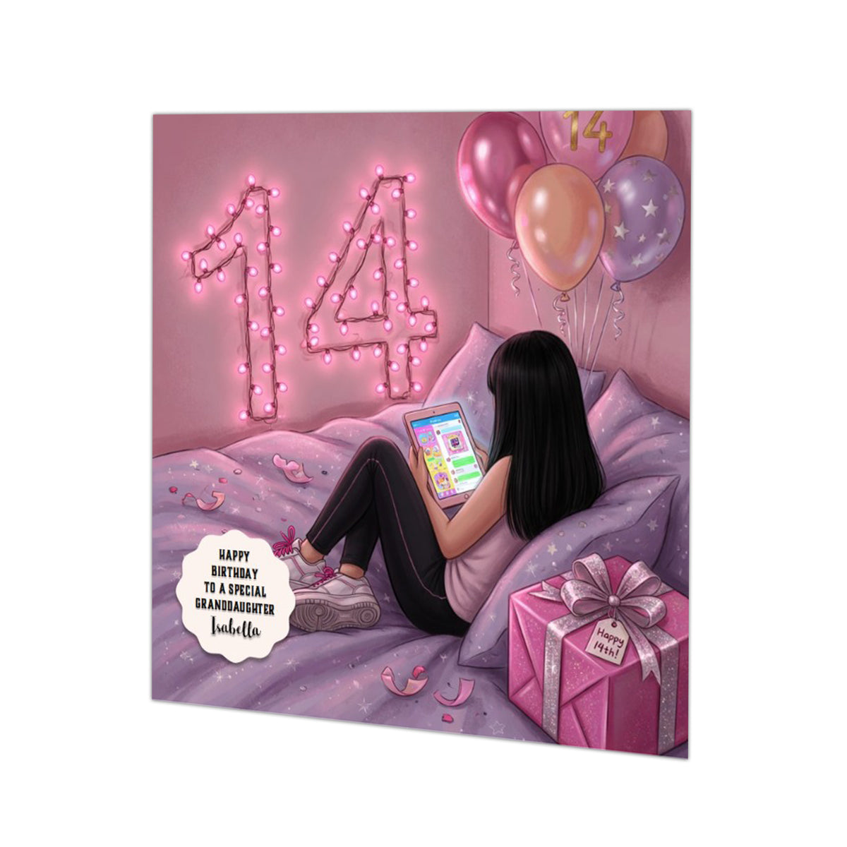 Personalised 14th Birthday Card - Girl Using a Tablet on a Bed - Black Hair