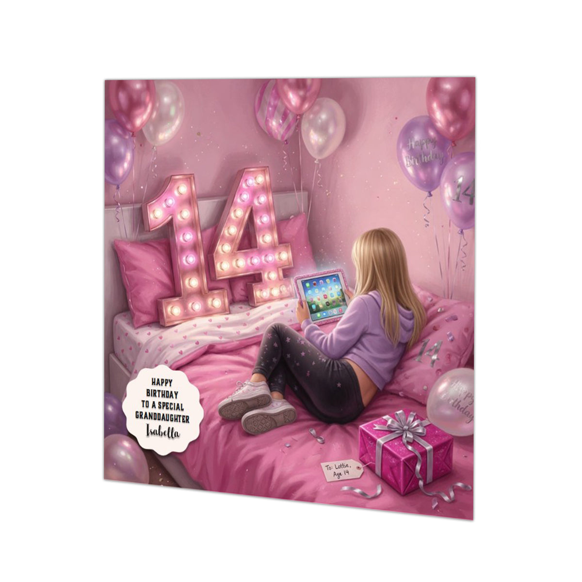 Personalised 14th Birthday Card - Girl Using a Tablet on a Bed - Blonde Hair