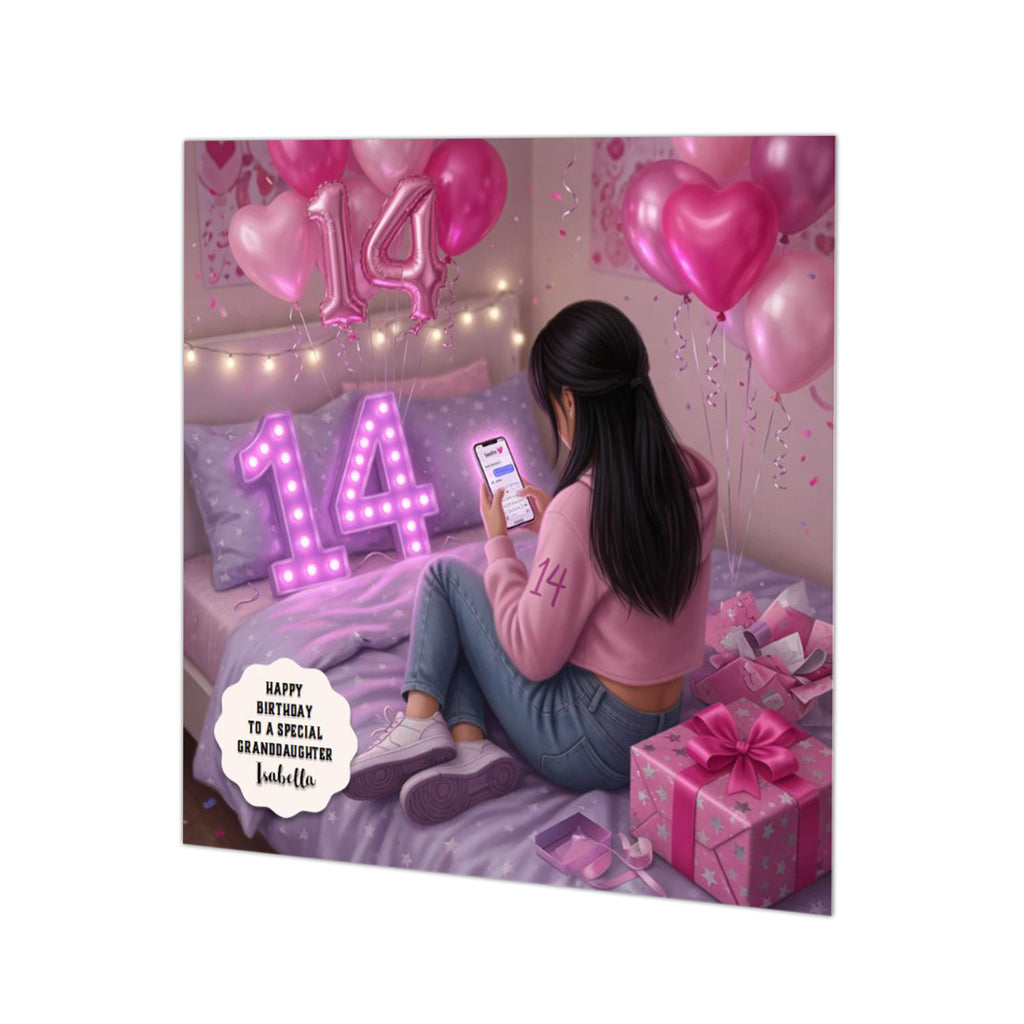 Personalised 14th Birthday Card - Girl Using a Phone on a Bed - Black Hair