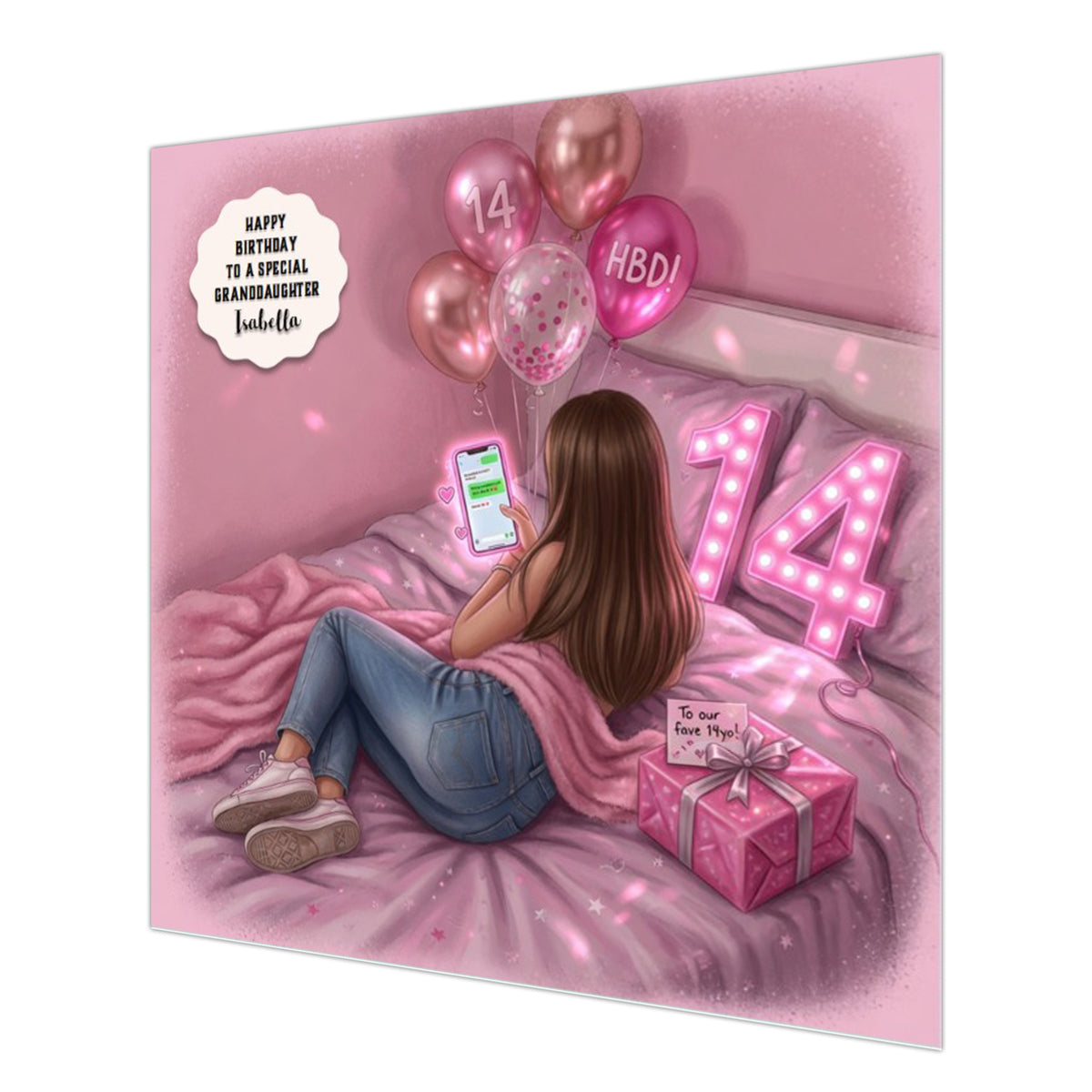 Personalised 14th Birthday Card - Girl Using a Phone on a Bed - Brown Hair