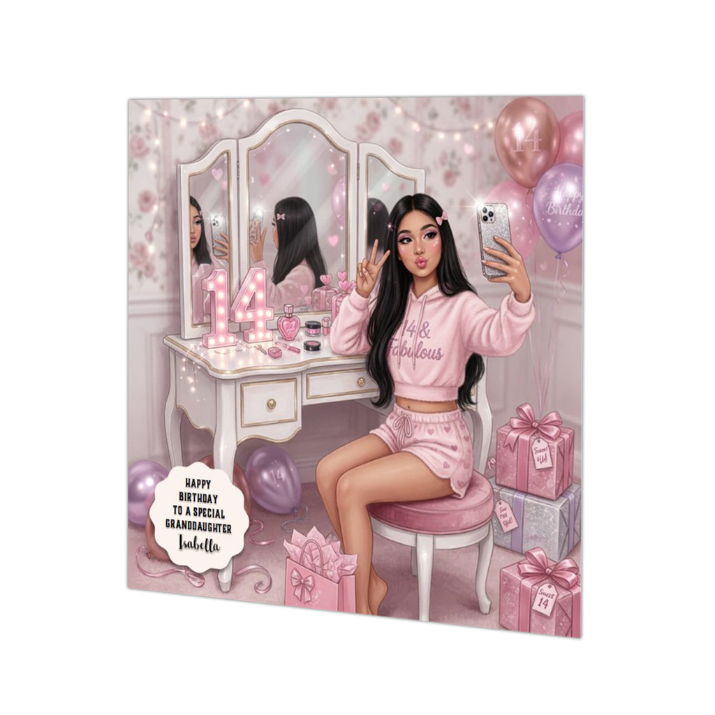 Personalised 14th Birthday Card - Girl Taking a Selfie at a Dressing Table - Black Hair