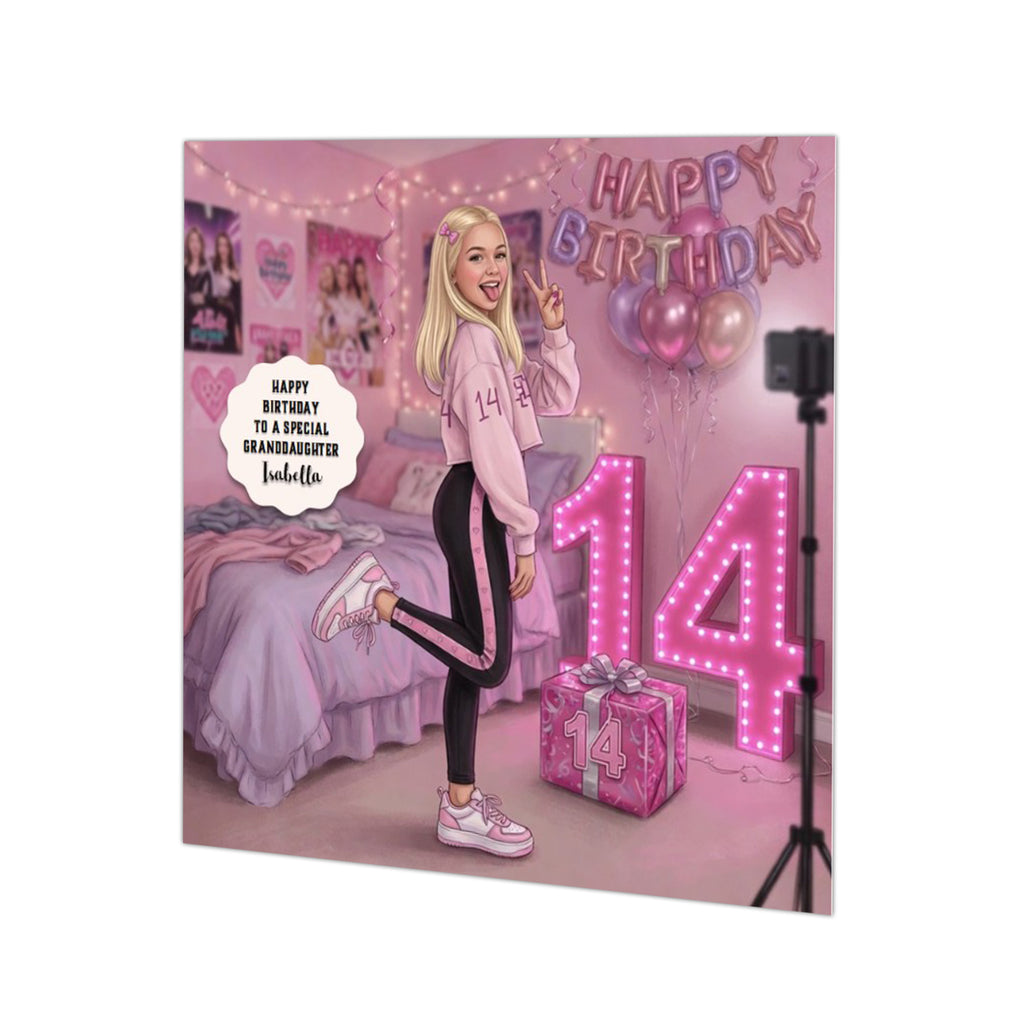 Personalised 14th Birthday Card - Girl Making a Video - Blonde Hair