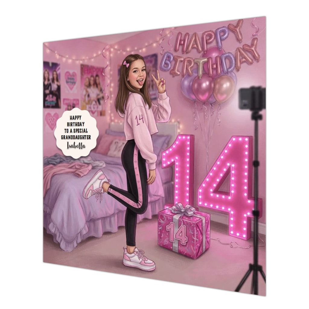 Personalised 14th Birthday Card - Girl Making a Video - Brown Hair