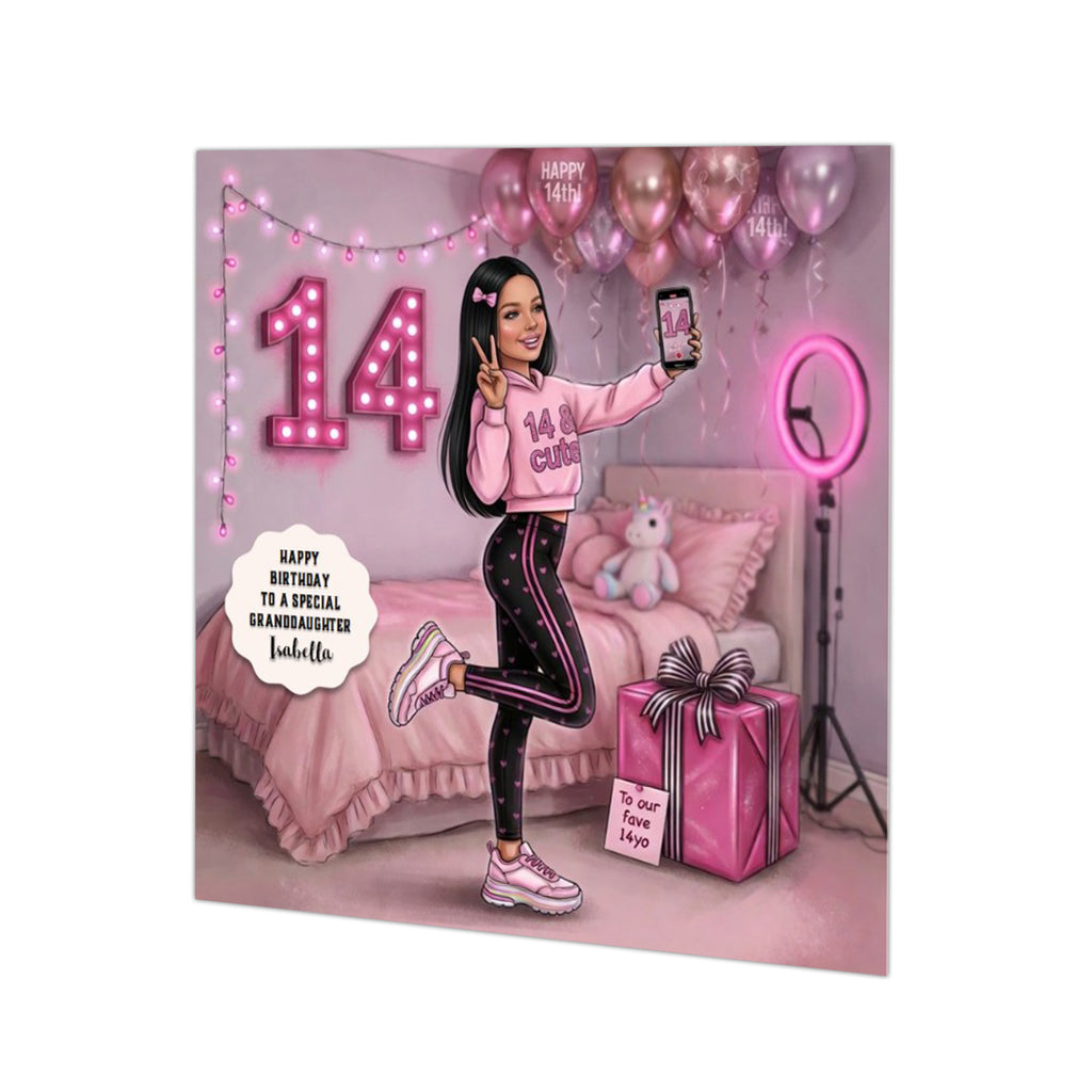 Personalised 14th Birthday Card - Girl Making a Video - Black Hair