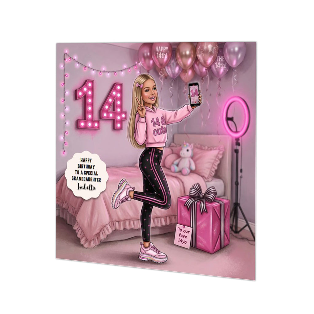 Personalised 14th Birthday Card - Girl Making a Video - Blonde Hair