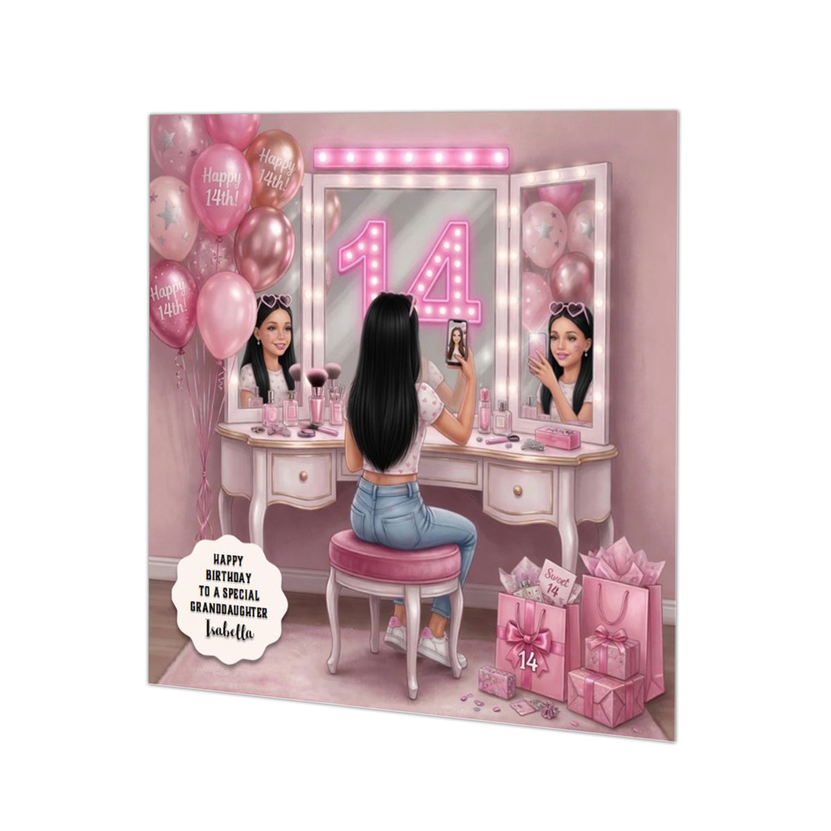 Personalised 14th Birthday Card - Girl Taking a Selfie at a Dressing Table - Black Hair