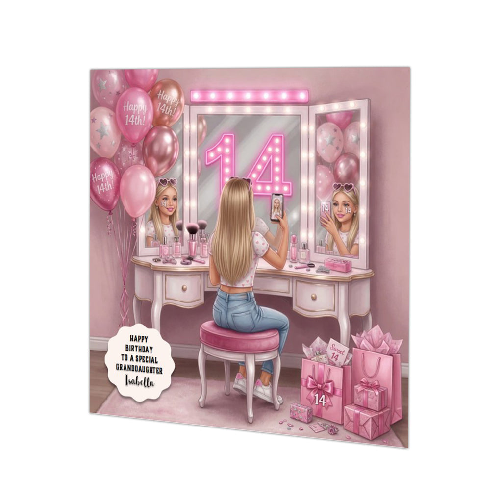 Personalised 14th Birthday Card - Girl Taking a Selfie at a Dressing Table - Blonde Hair