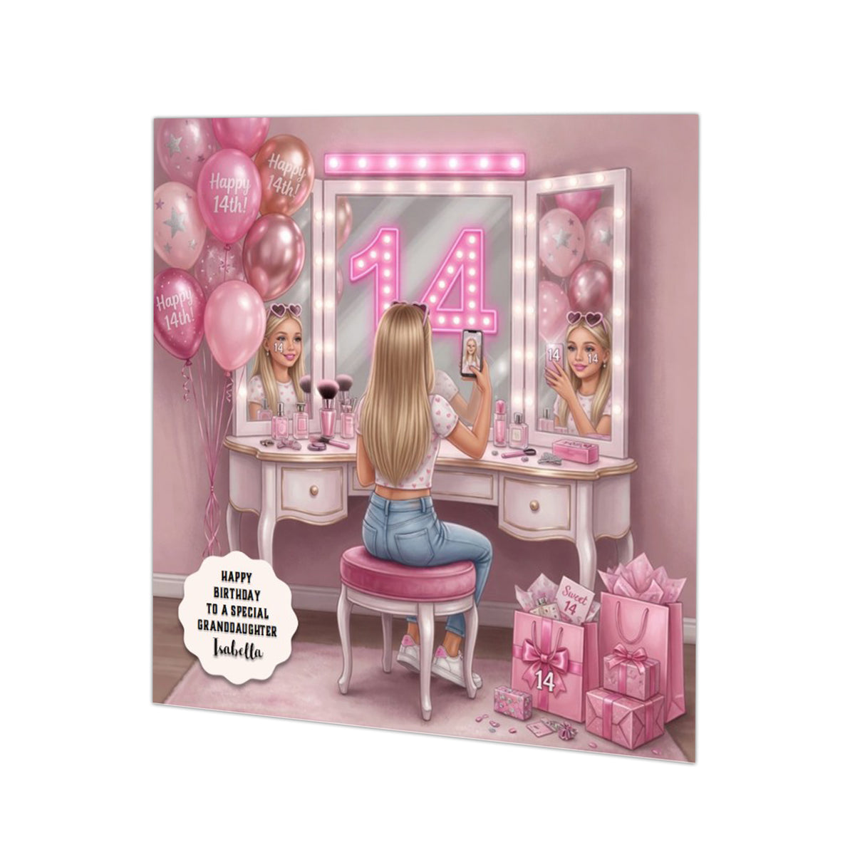 Personalised 14th Birthday Card - Girl Taking a Selfie at a Dressing Table - Blonde Hair