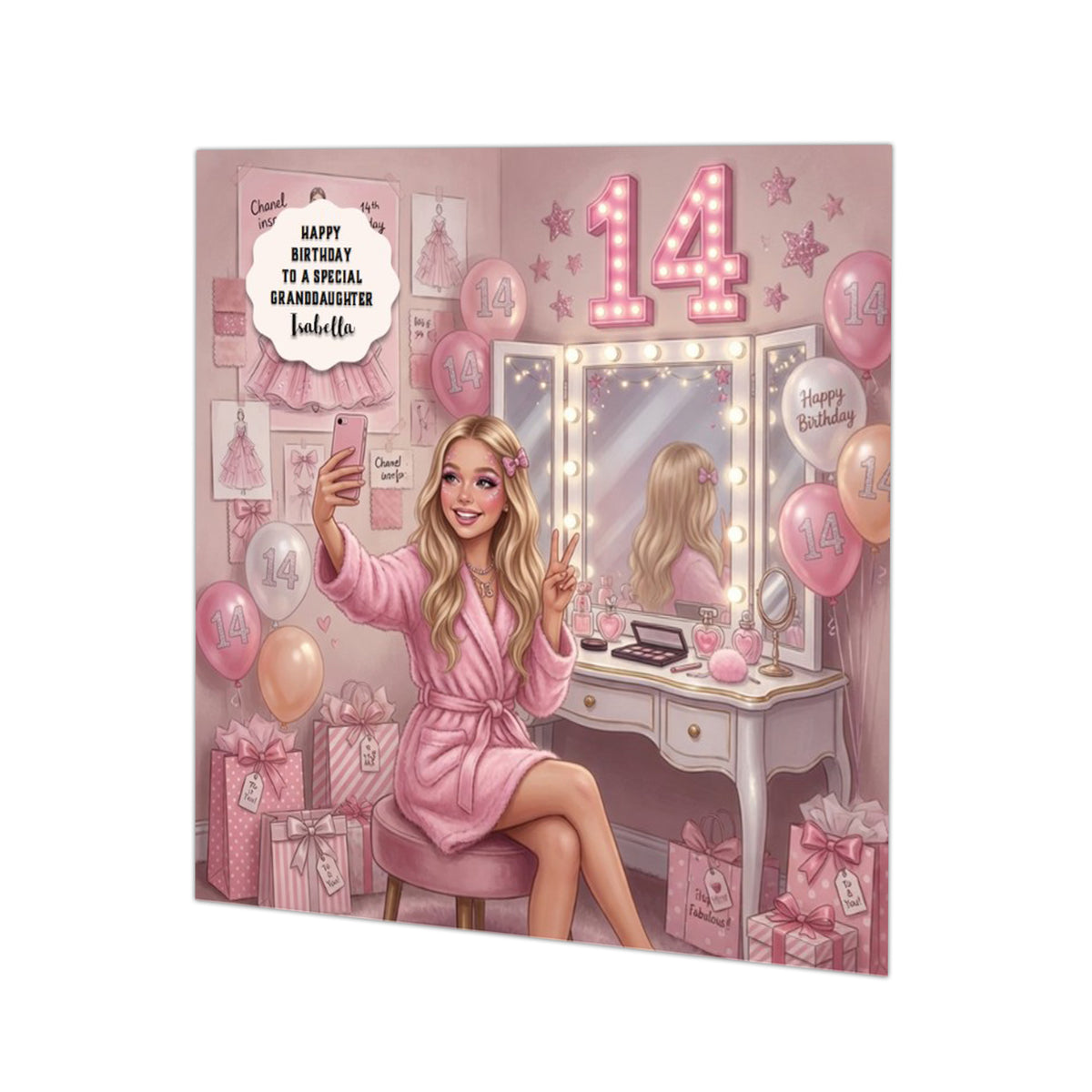 Personalised 14th Birthday Card - Girl at a Dressing Table - Blonde Hair
