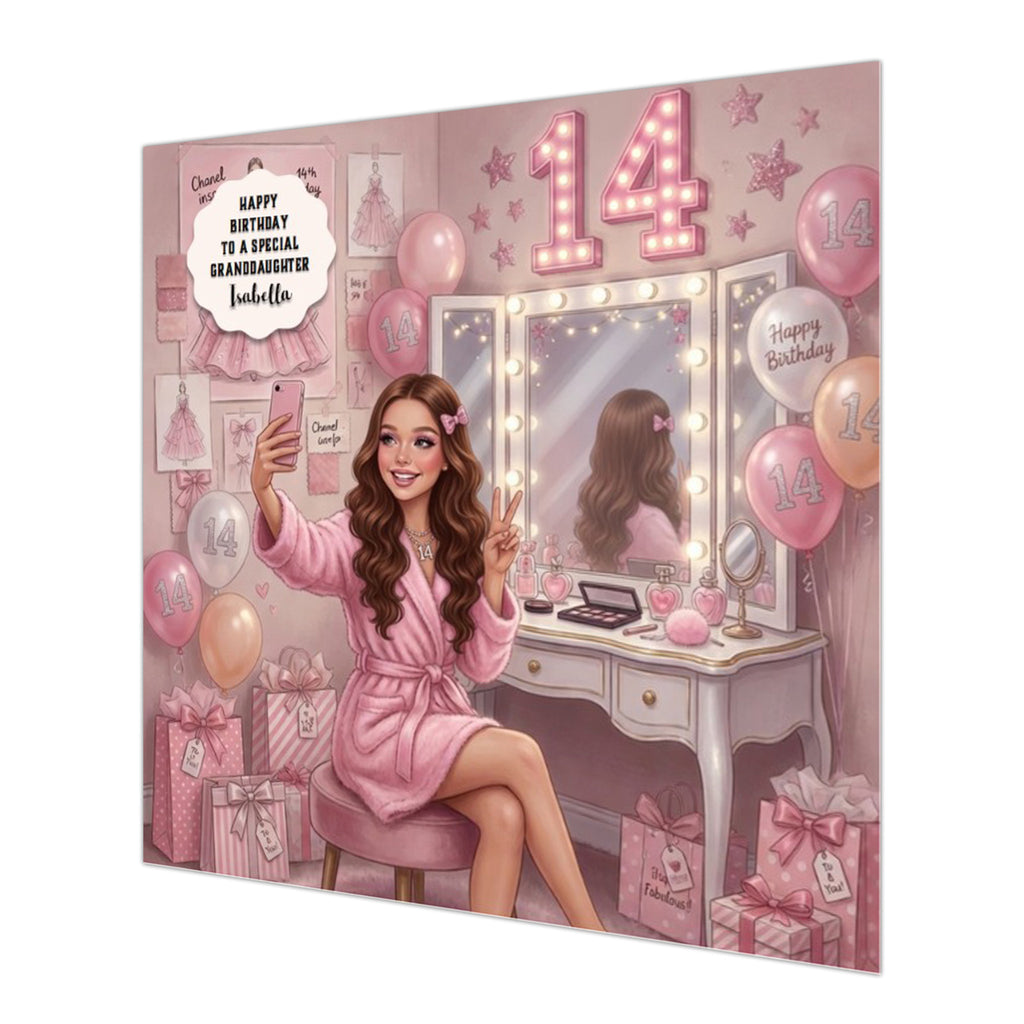 Personalised 14th Birthday Card - Girl at a Dressing Table - Brown Hair