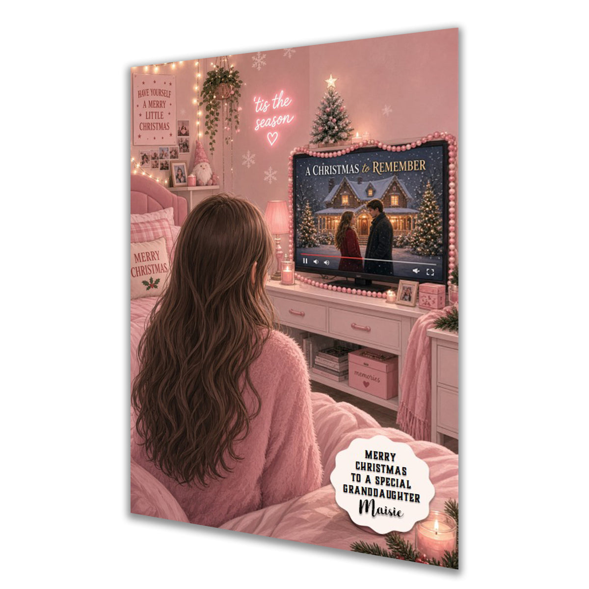 Personalised Christmas Card - Girl Watching a Christmas Film