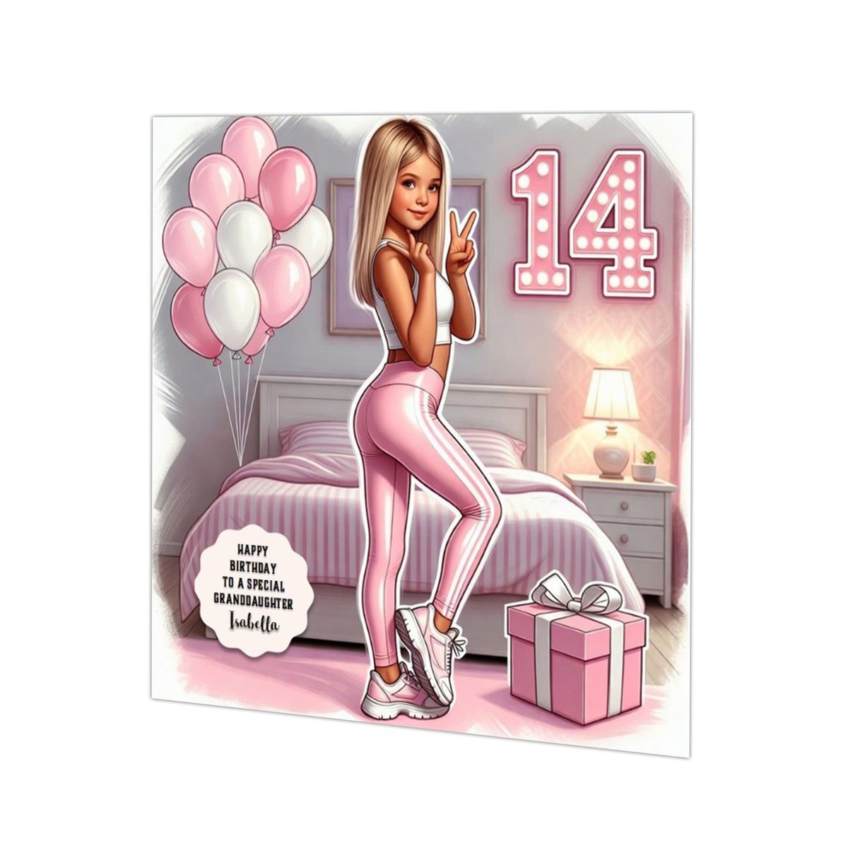 Personalised 14th Birthday Card - Girl in a Pink Outfit with Birthday Balloons - Blonde Hair