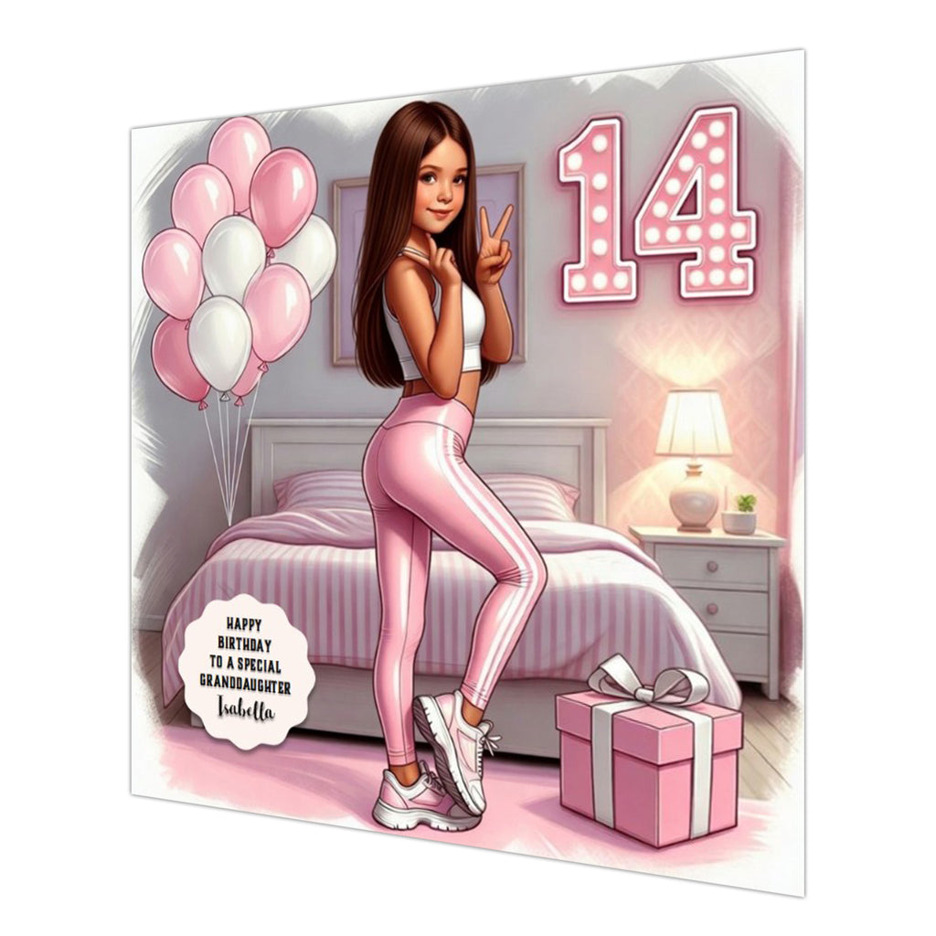 Personalised 14th Birthday Card - Girl in a Pink Outfit with Birthday Balloons - Brown Hair