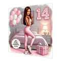 Personalised 14th Birthday Card - Girl in a Pink Outfit with Birthday Balloons - Brown Hair