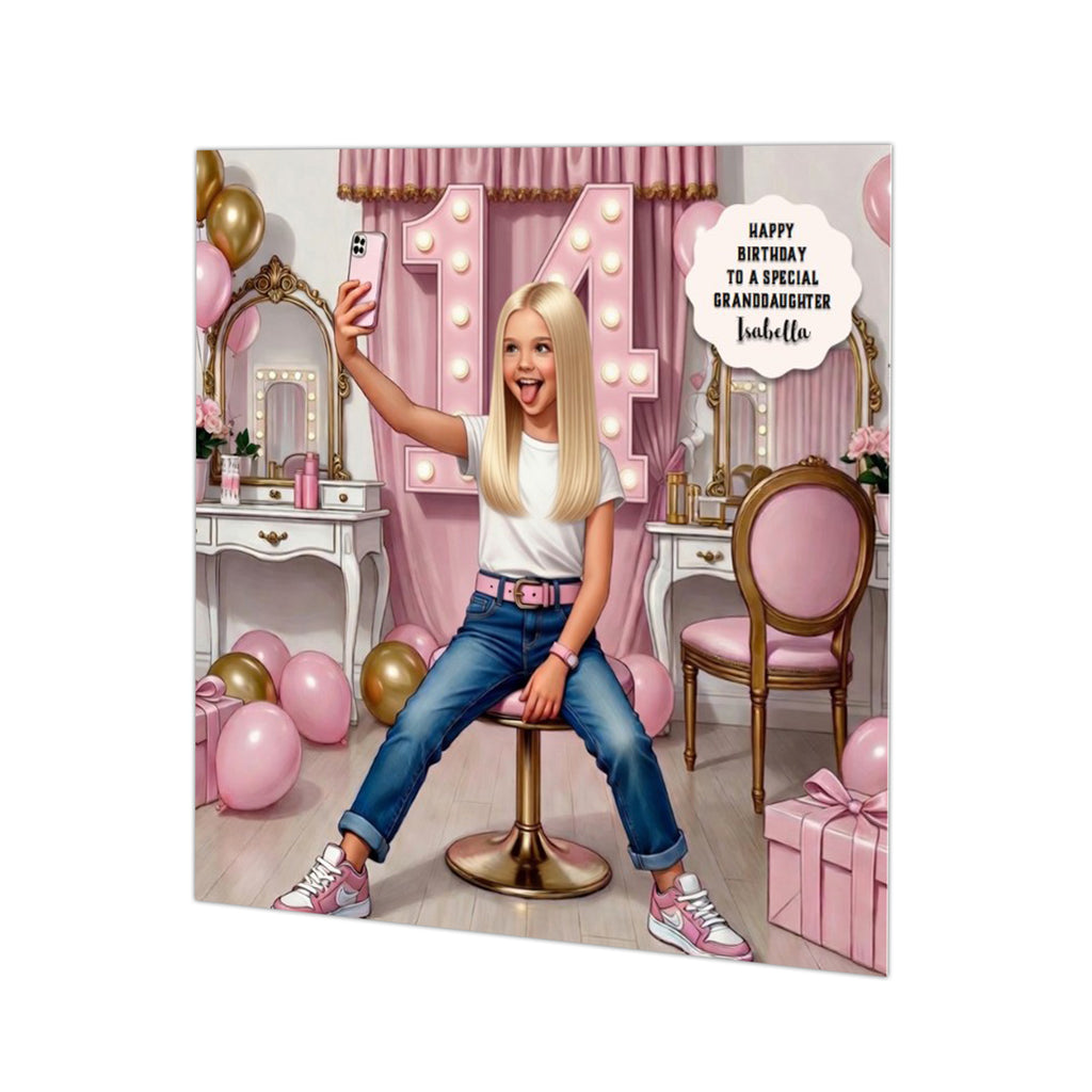 Personalised 14th Birthday Card - Girl at a Dressing Table - Blonde Hair