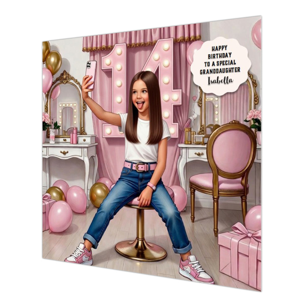 Personalised 14th Birthday Card - Girl at a Dressing Table - Brown Hair