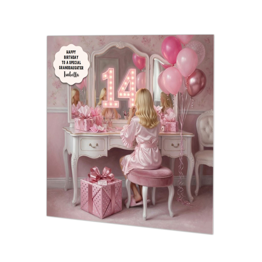 Personalised 14th Birthday Card - Girl at a Dressing Table - Blonde Hair
