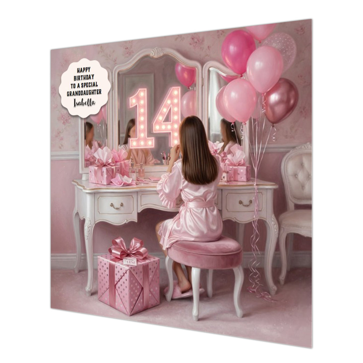 Personalised 14th Birthday Card - Girl at a Dressing Table - Brown Hair
