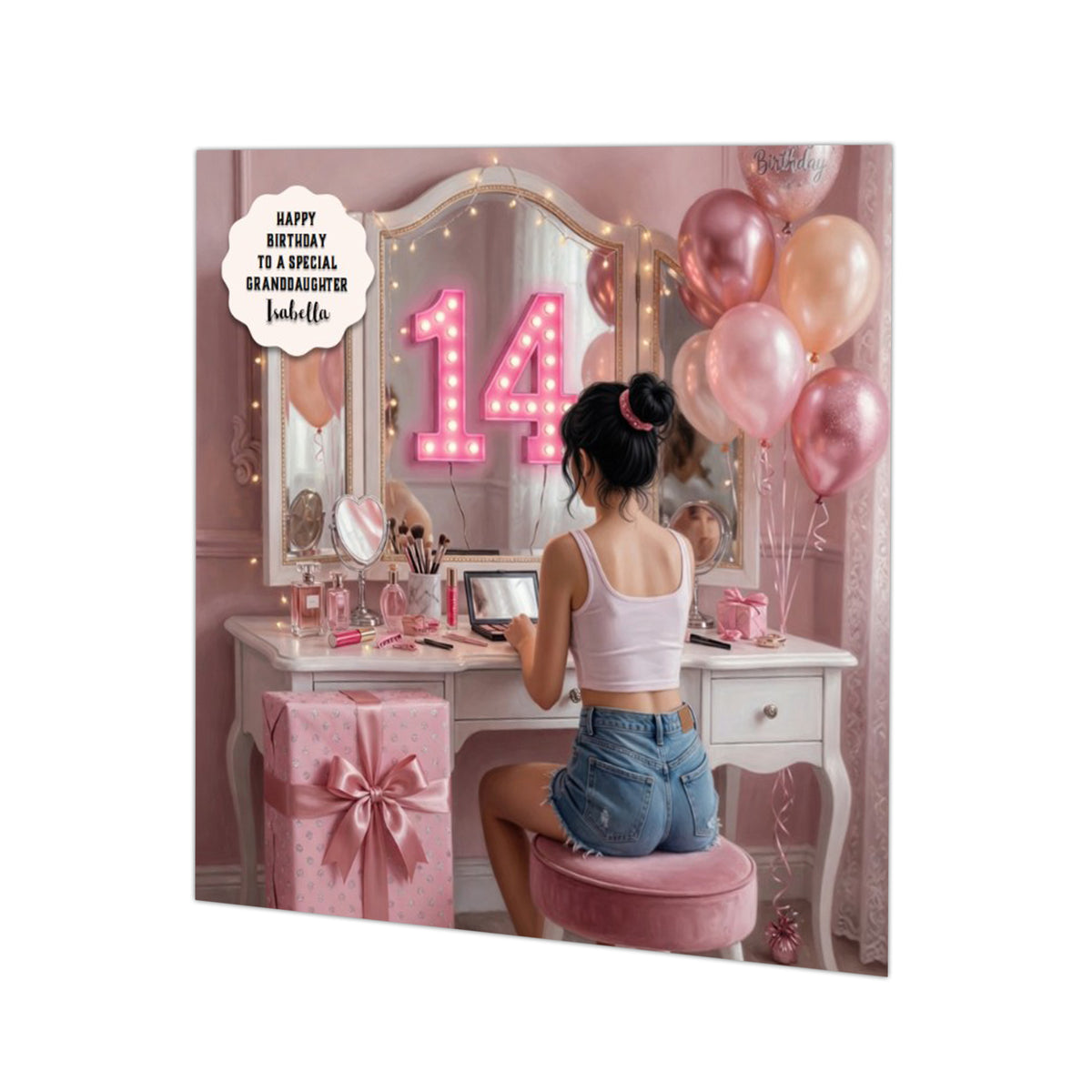 Personalised 14th Birthday Card - Girl at a Dressing Table - Black Hair