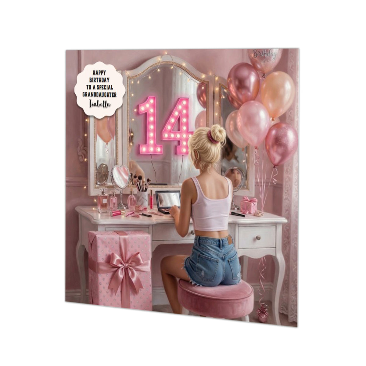Personalised 14th Birthday Card - Girl at a Dressing Table - Blonde Hair