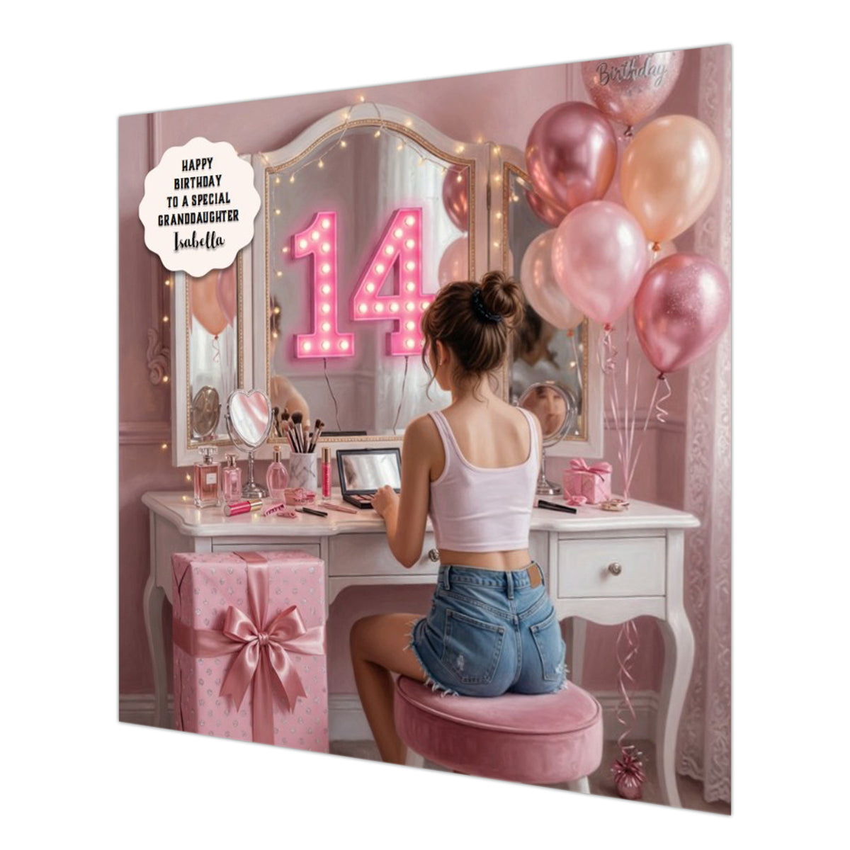 Personalised 14th Birthday Card - Girl at a Dressing Table - Brown Hair