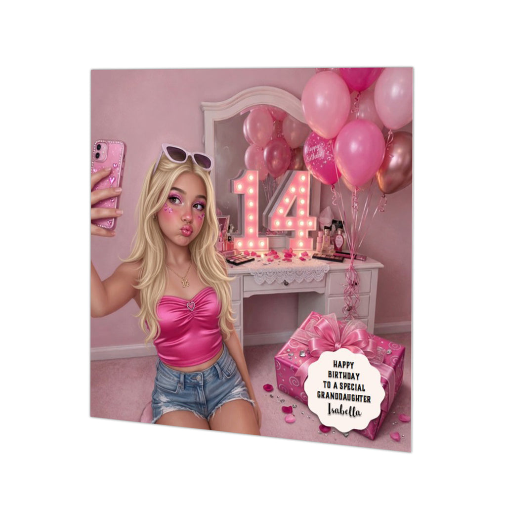 Personalised 14th Birthday Card - Girl Taking a Selfie at a Dressing Table - Blonde Hair