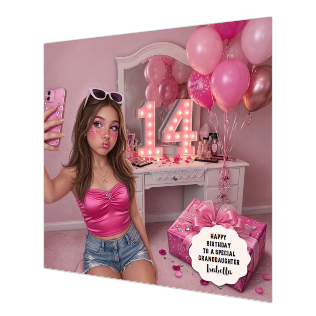 Personalised 14th Birthday Card - Girl Taking a Selfie at a Dressing Table - Brown Hair